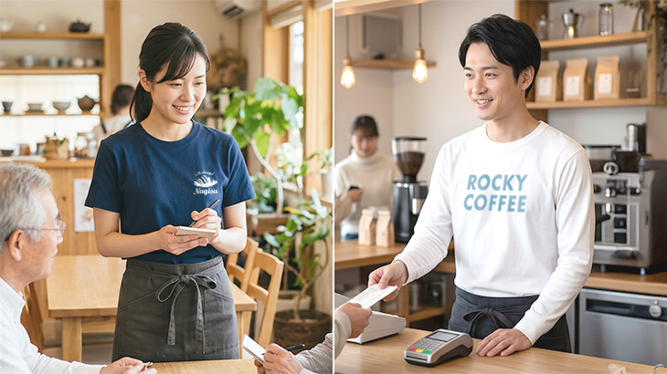 カフェ店員着用Tシャツ（夏用の半袖、冬用の長袖）
