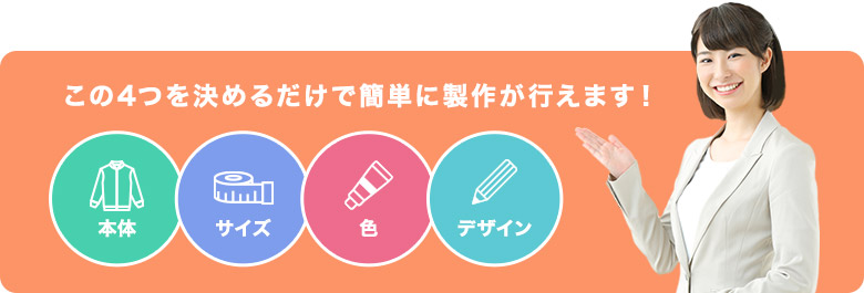 本体/サイズ/色/デザイン　この4つを決めるだけで簡単に製作が行えます！